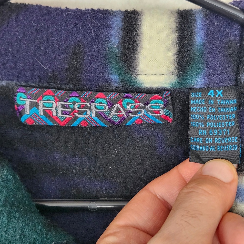 Vintage 90s Aztec Southwestern Fleece Shacket 4X Oversized Teal Button Down Navy - Picture 3 of 6